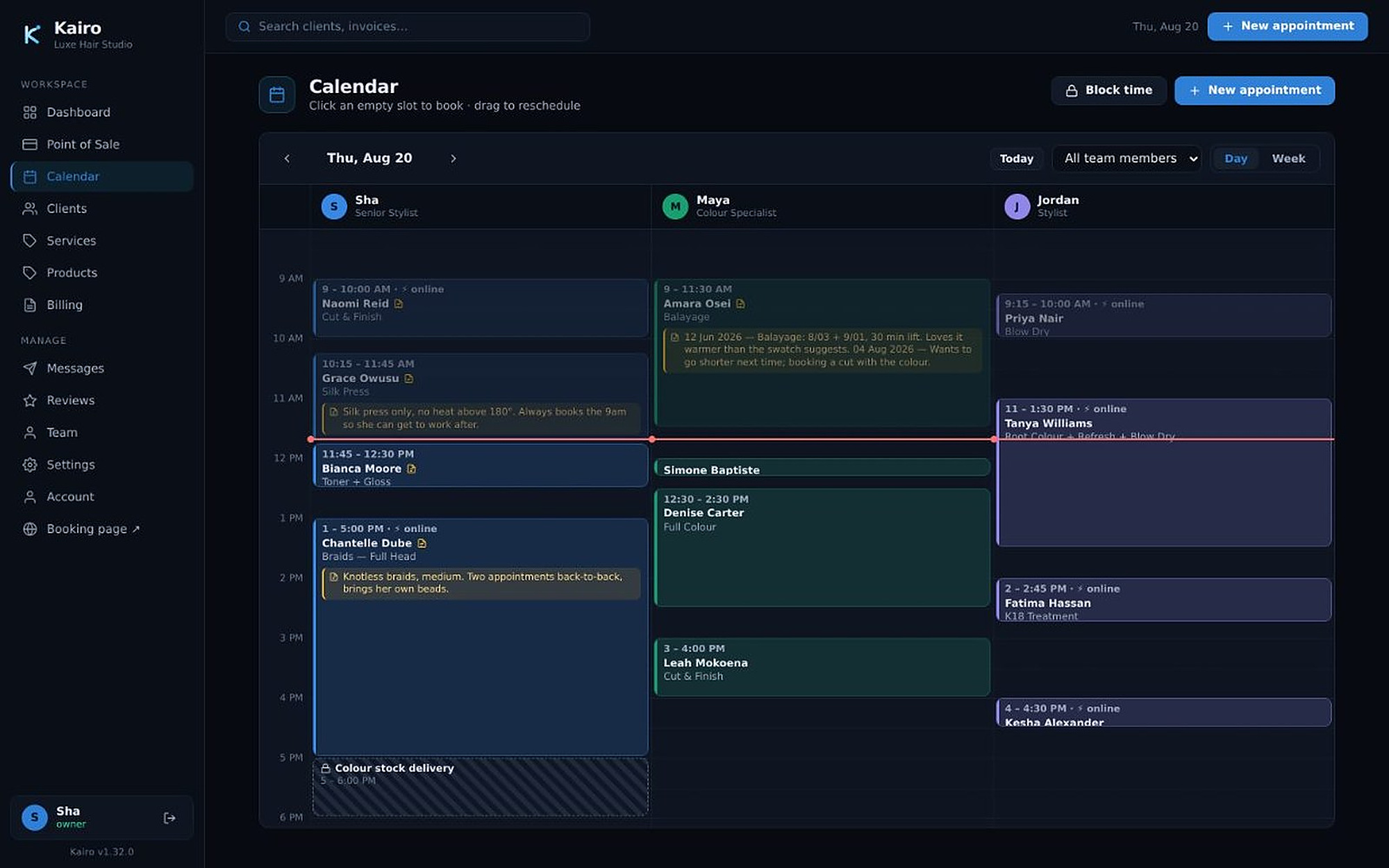 The Kairo calendar in day view, three staff columns with colour-coded appointments and a blocked delivery slot.