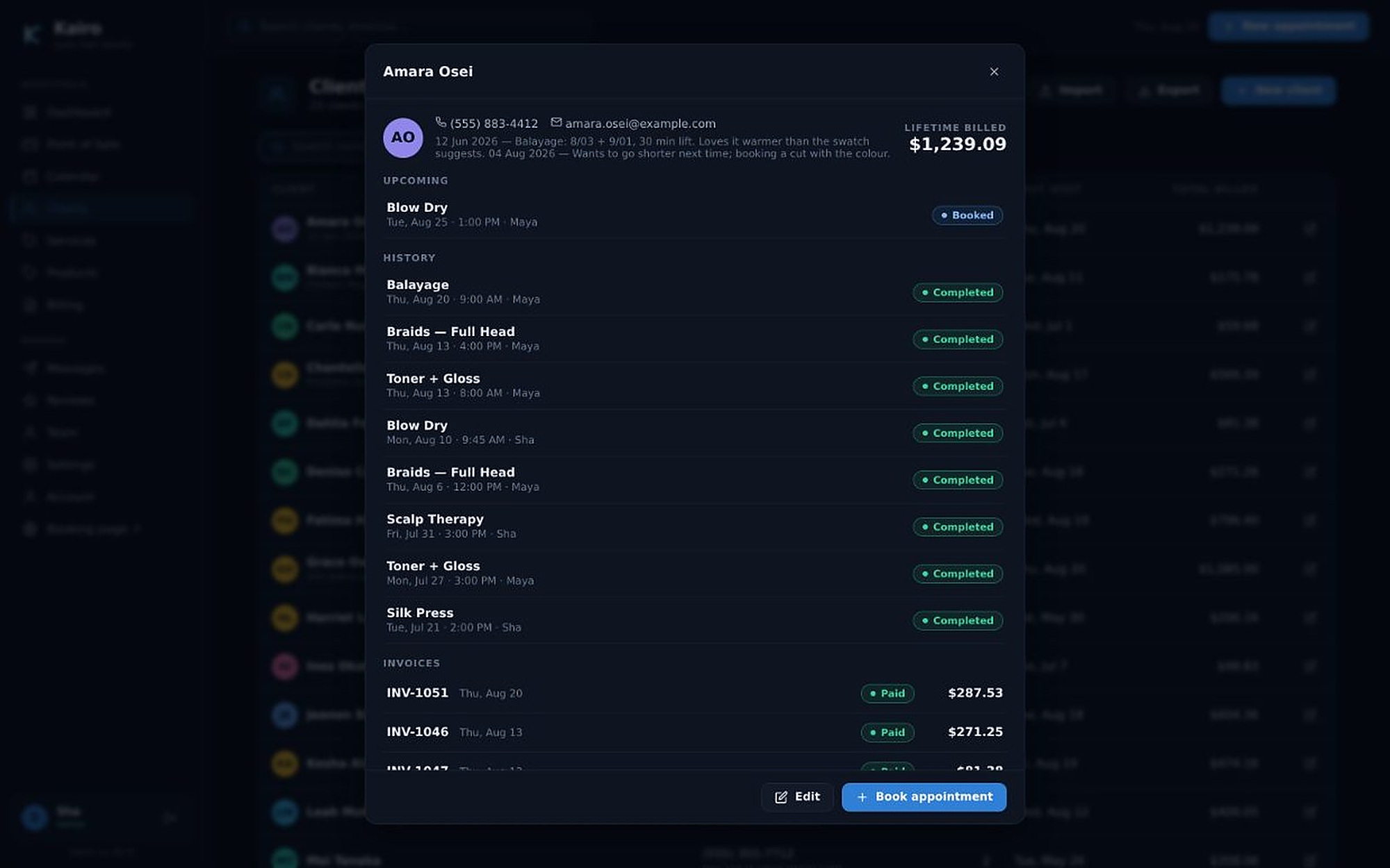 A client record showing upcoming bookings, full visit history, invoices and lifetime spend.