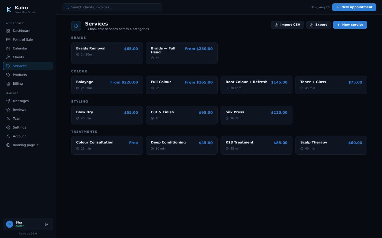 The service menu: categories, durations, and fixed, from and free price types.