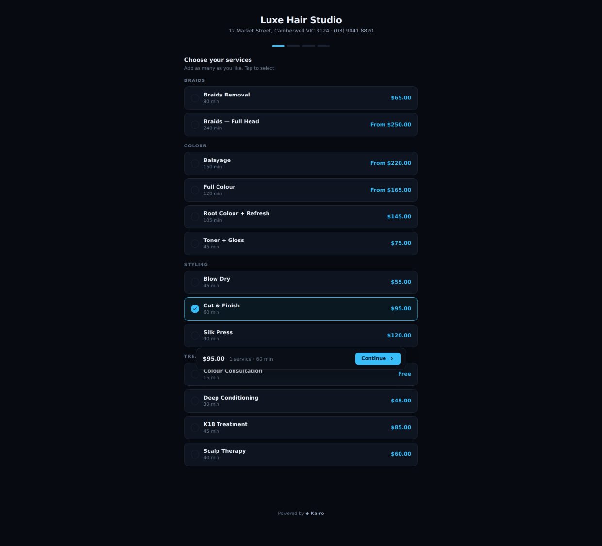 The public booking page for Luxe Hair Studio, branded to the salon.