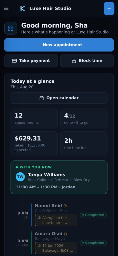 The Kairo dashboard on a phone, with the day's figures stacked and the current client card in view.