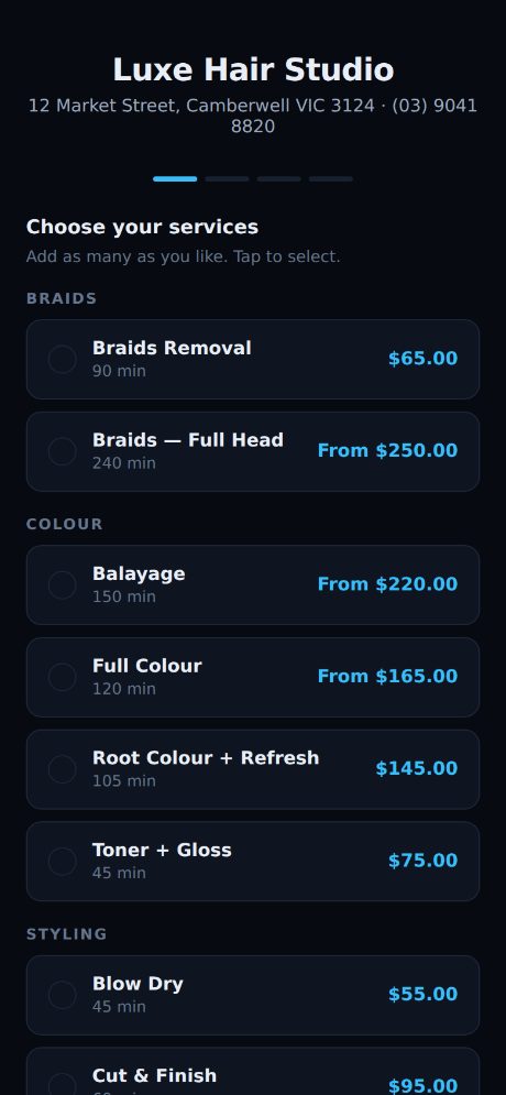 The same booking page on a phone, where most customers book.